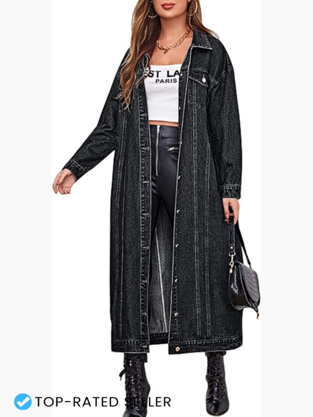 Long Denim Jacket Women Button Down Midi Trench Coat Loose Fit Classic Retro